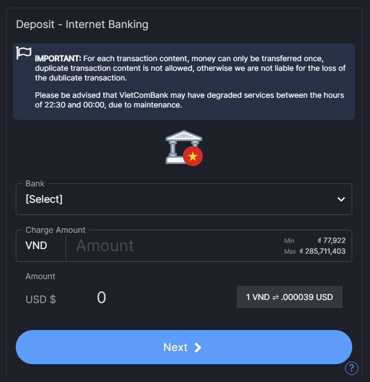 Nạp tiền qua Internet Banking