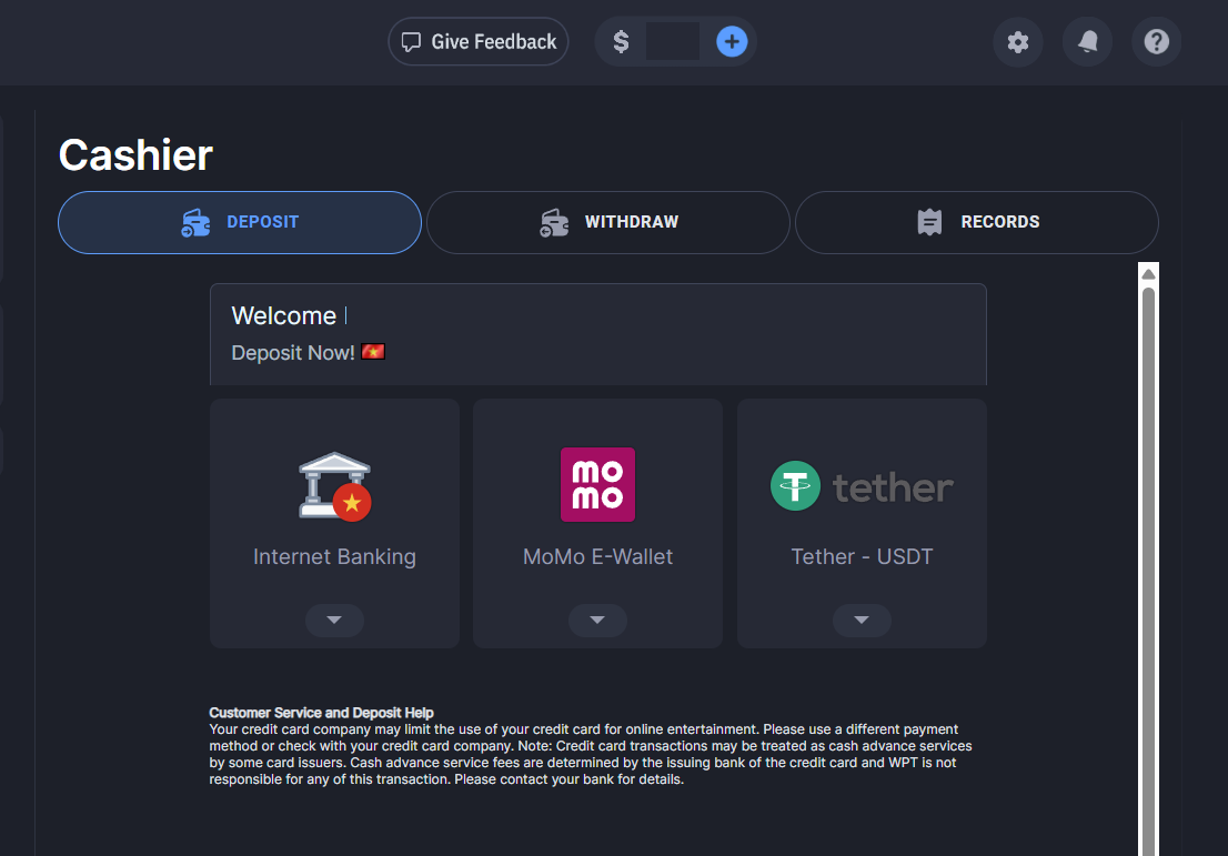 Nạp tiền WPT Global bước 1