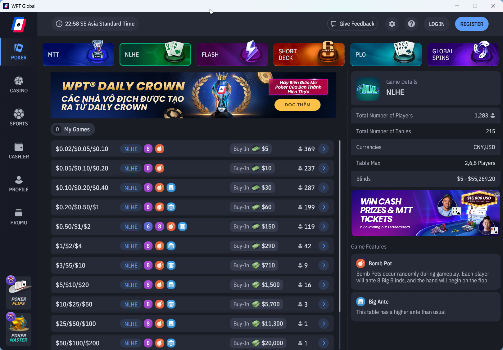 Giao diện chính của WPT Global